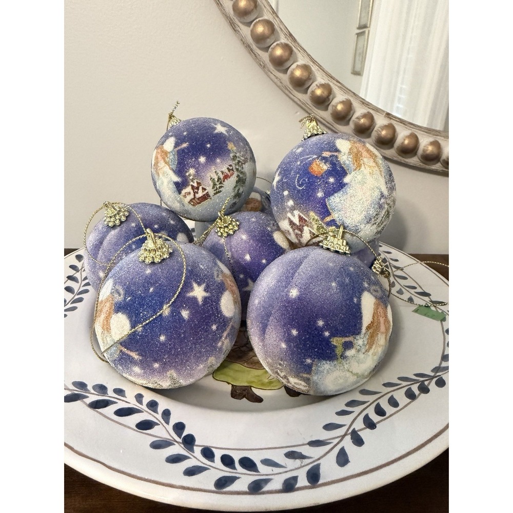 Vintage Sugared Angel Christmas Ornaments Set 8 Blue Winter Village